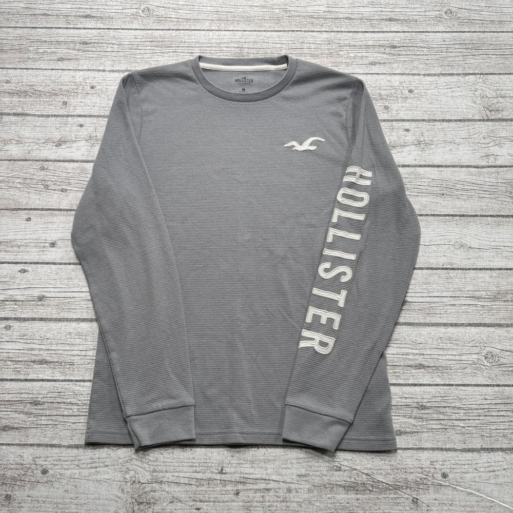 Hollister Shirt Men's Large Gray Waffle Knit Thermal Spellout Long Sleeve Lounge